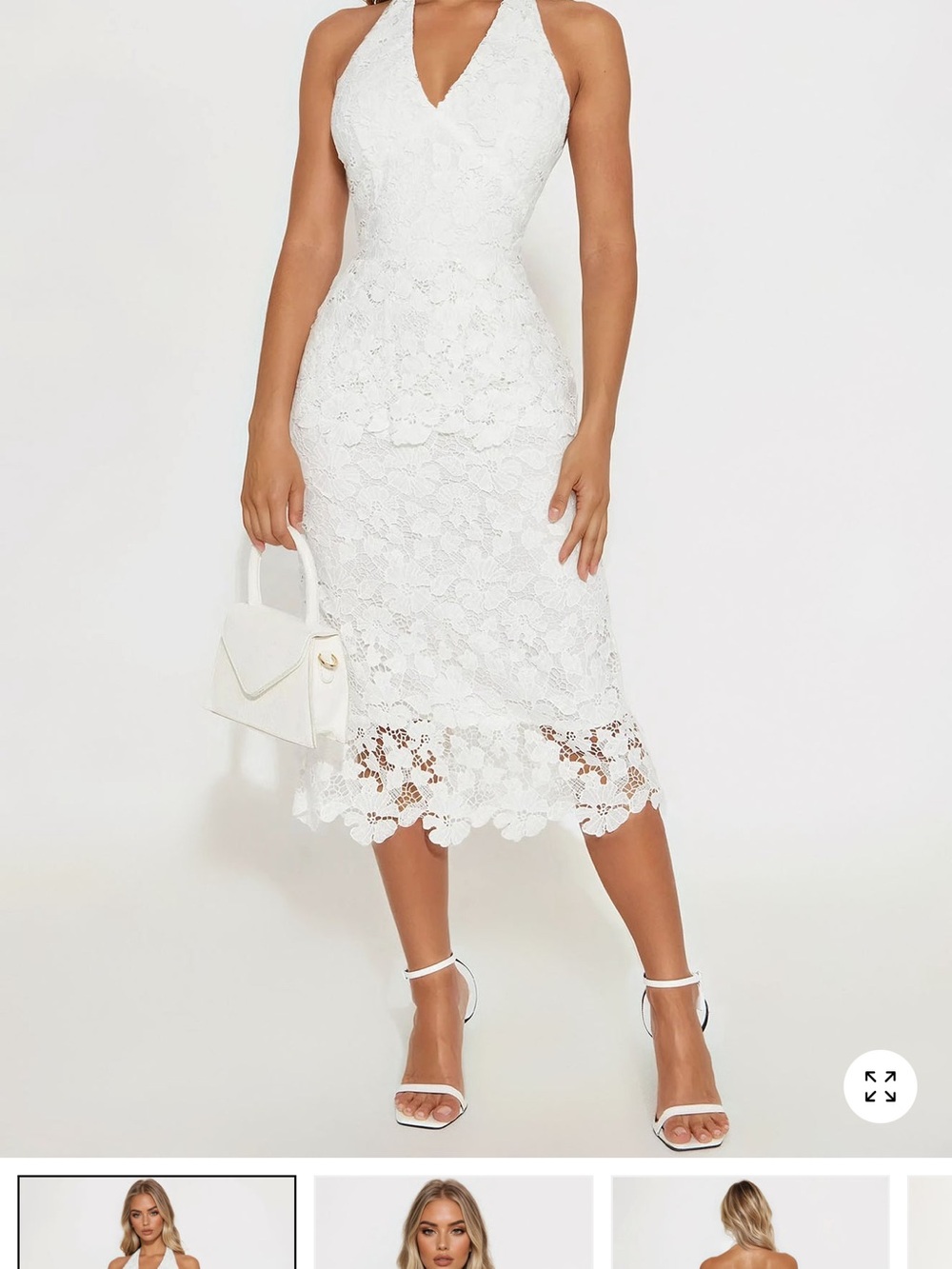 Fashion Nova White Lace Halter Midi Dress with Scalloped Hem